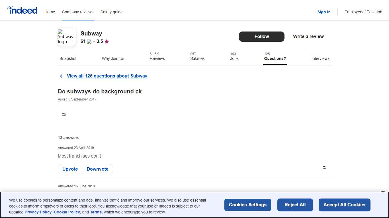 Do subways do background ck Subway Indeed.com